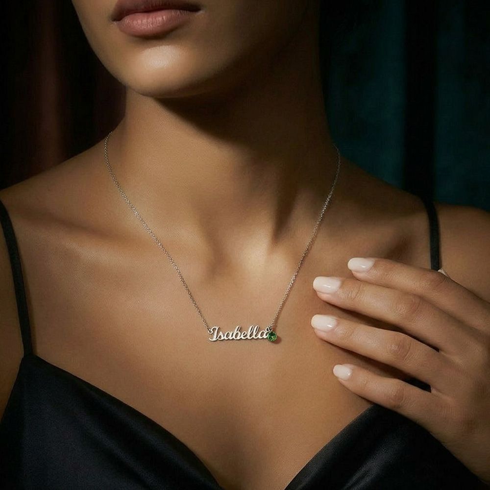 Collier prénom avec pierre de naissance — Acier inoxydable